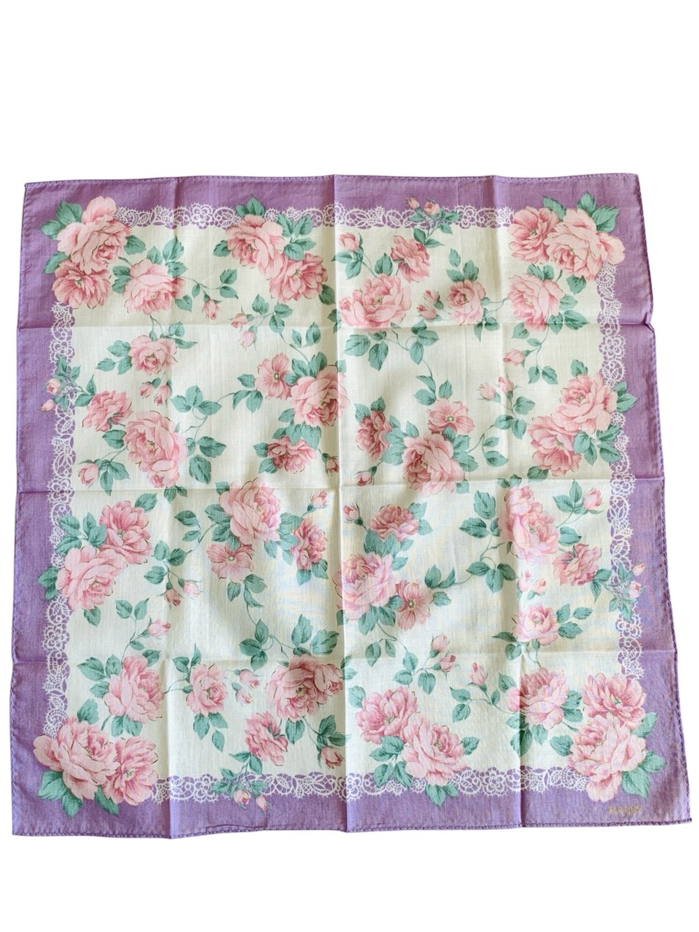 BALLY Floral Handkerchief 16.5” Square NWOT Unused Pink Roses Lavender Cotton